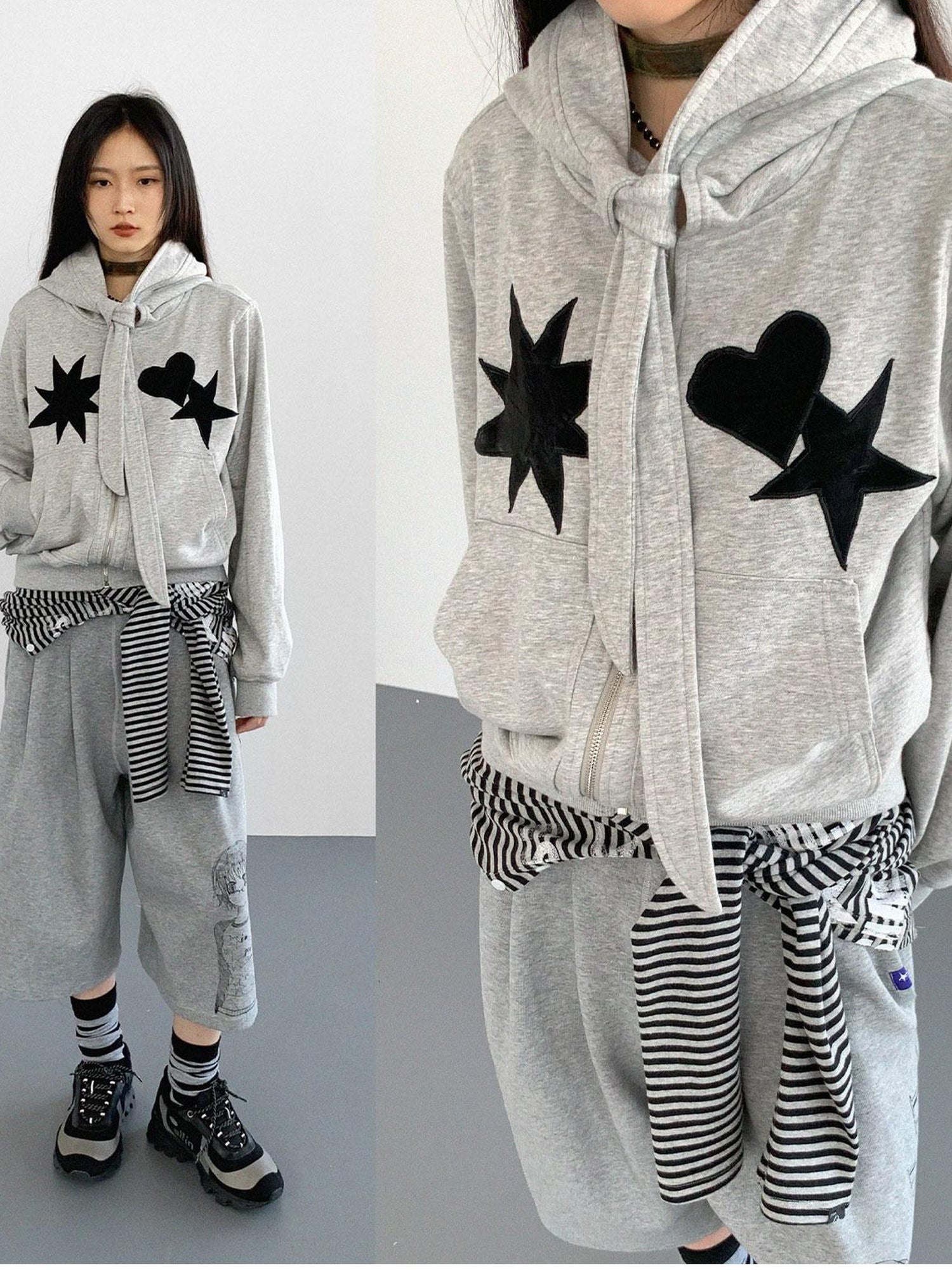 innomoood Geometric Patchwork Hooded Knit Sweatshirt
