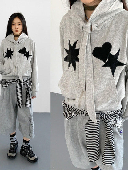 innomoood Geometric Patchwork Hooded Knit Sweatshirt