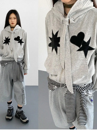 Geometric Patchwork Hooded Knit Sweatshirt