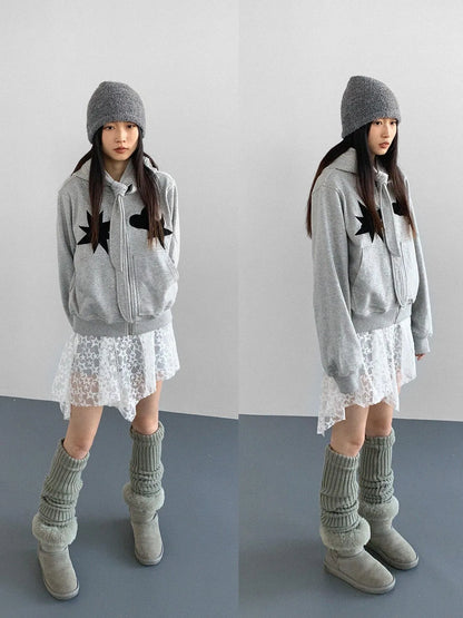 Geometric Patchwork Hooded Knit Sweatshirt