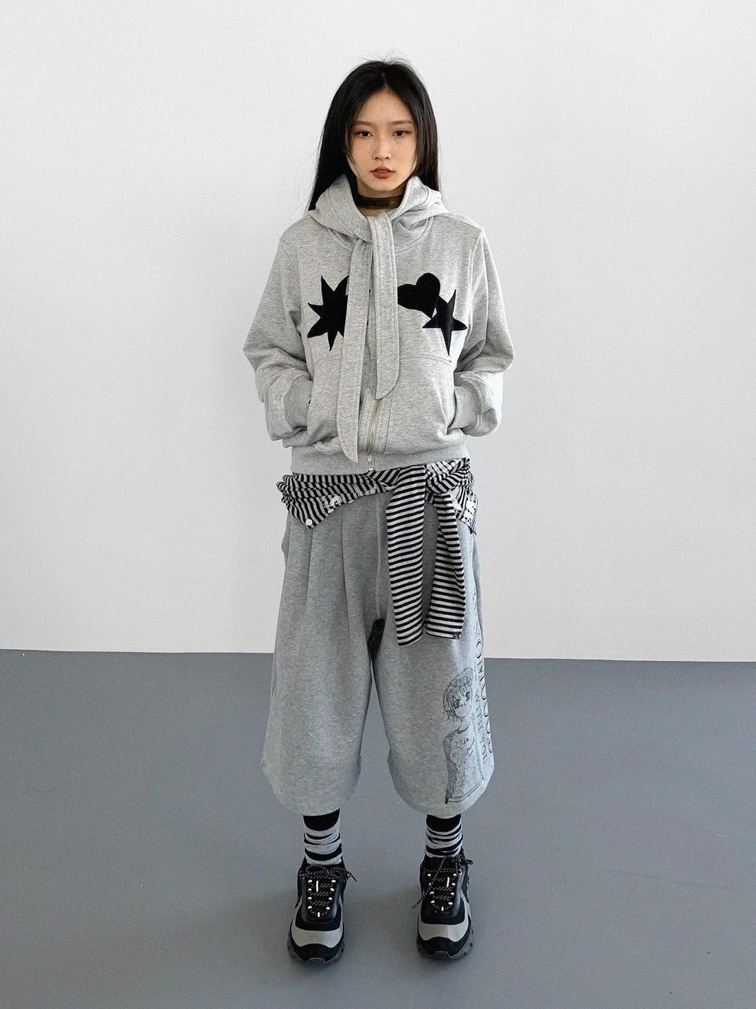 innomoood Geometric Patchwork Hooded Knit Sweatshirt