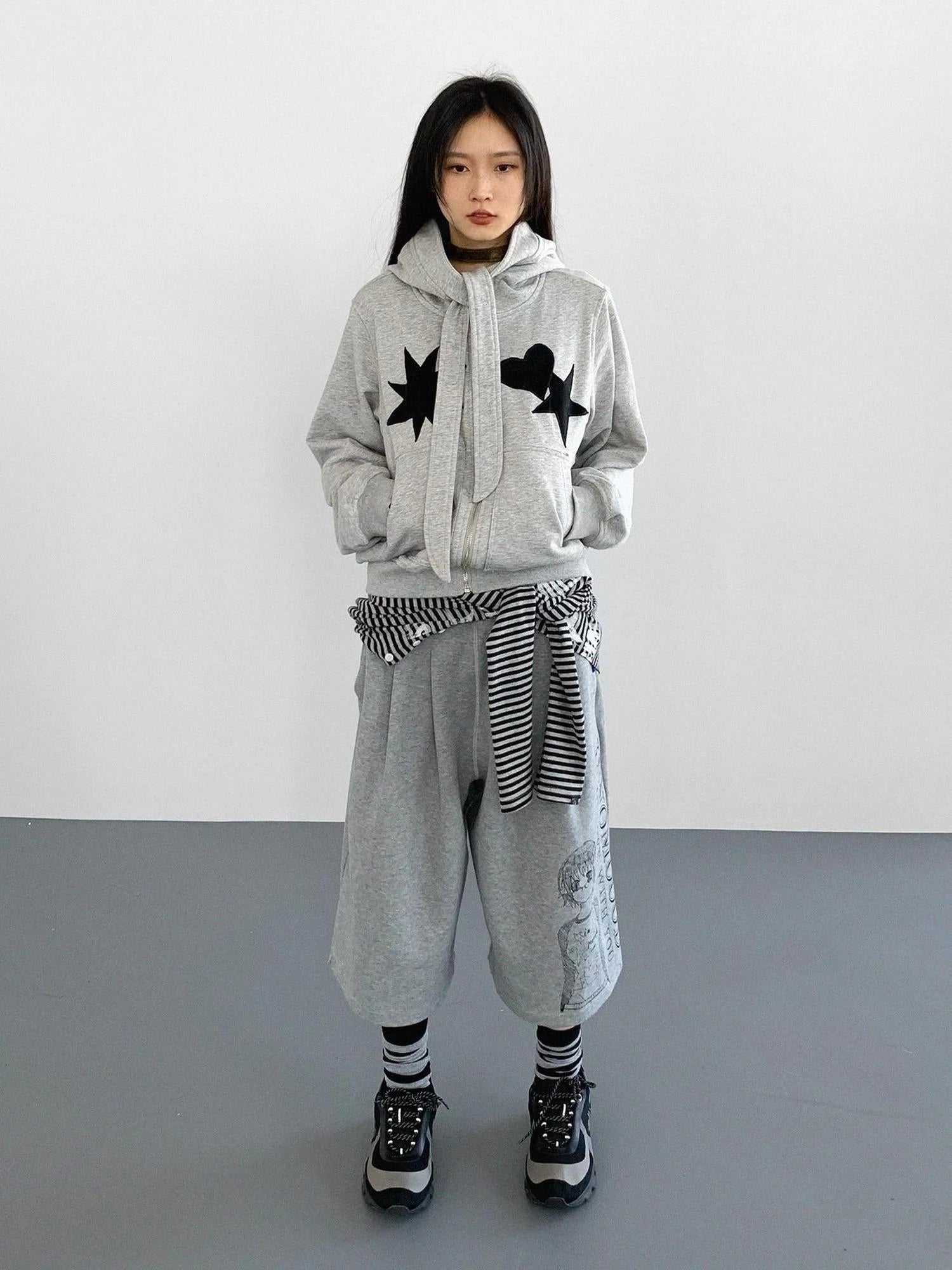 Geometric Patchwork Hooded Knit Sweatshirt