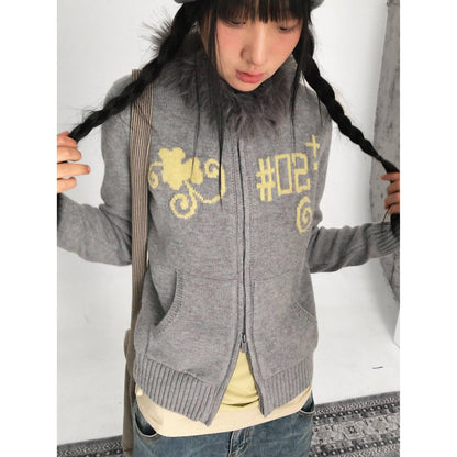 innomoood_Gray_Leaf_Jacquard_Zip_Detachable_Faux_Fur_Collar_Women&