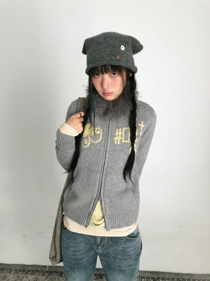 innomoood Gray Leaf Jacquard Zip Detachable Faux Fur Collar Women&