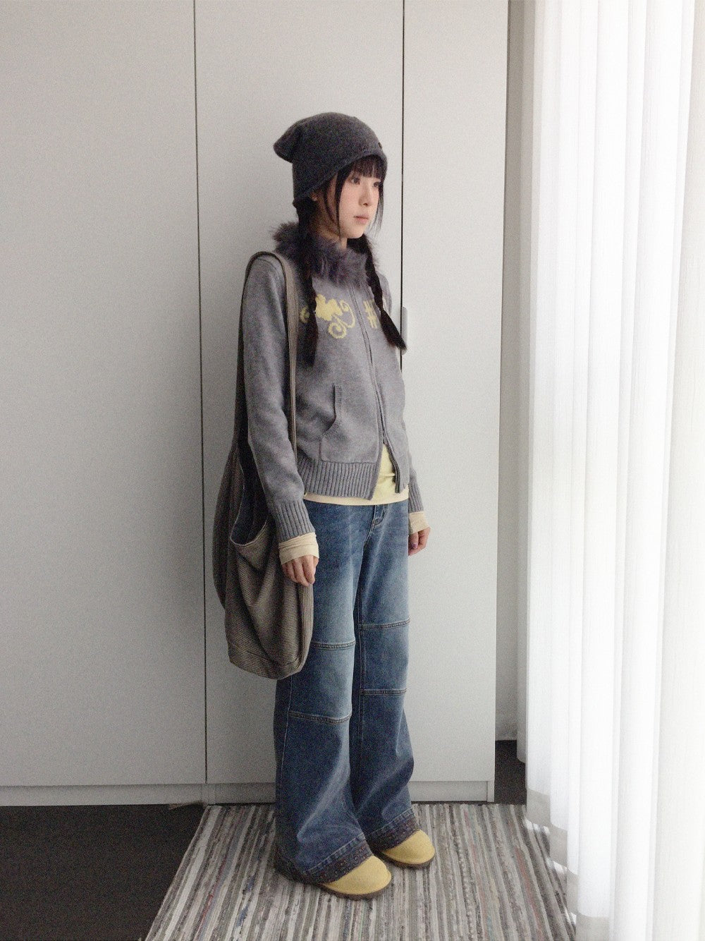 innomoood Gray Leaf Jacquard Zip Detachable Faux Fur Collar Women&