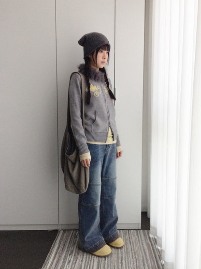 innomoood Gray Leaf Jacquard Zip Detachable Faux Fur Collar Women&
