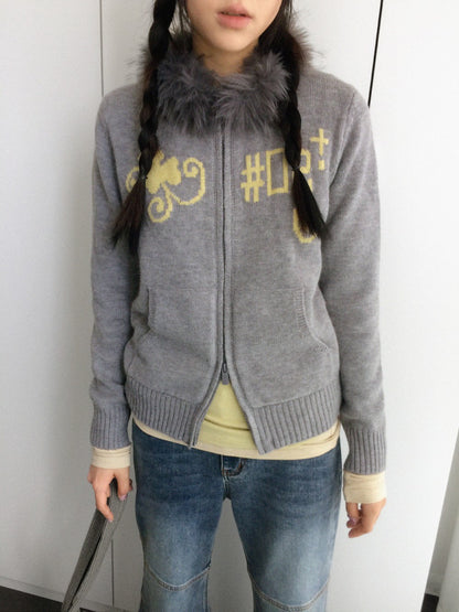 innomoood Gray Leaf Jacquard Zip Detachable Faux Fur Collar Women&