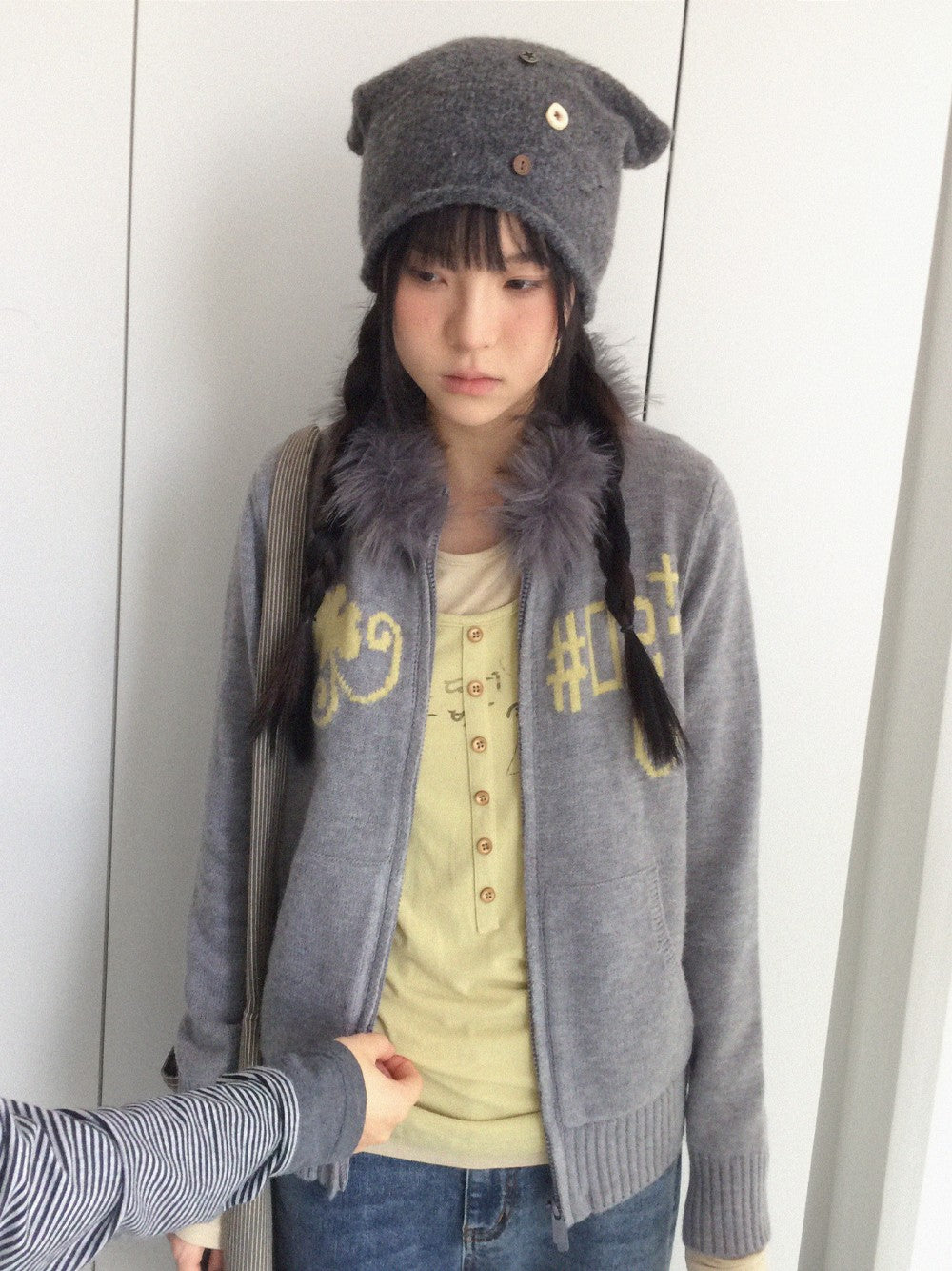 innomoood Gray Leaf Jacquard Zip Detachable Faux Fur Collar Women&