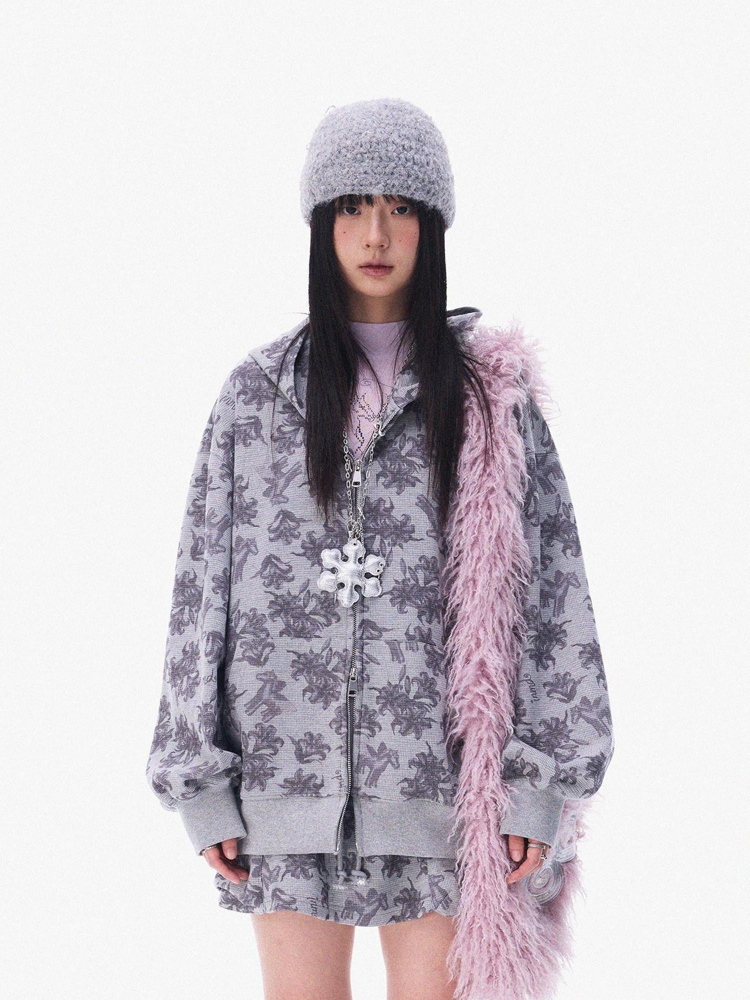 innomoood Grey Allover Floral Waffle Zip Front Loose Women&