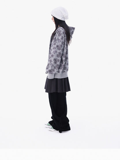 innomoood Grey Allover Floral Waffle Zip Front Loose Women&