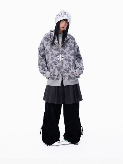 innomoood Grey Allover Floral Waffle Zip Front Loose Women&