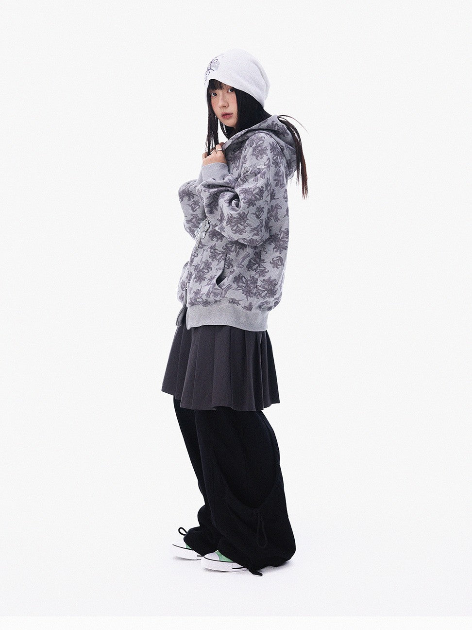 innomoood Grey Allover Floral Waffle Zip Front Loose Women&
