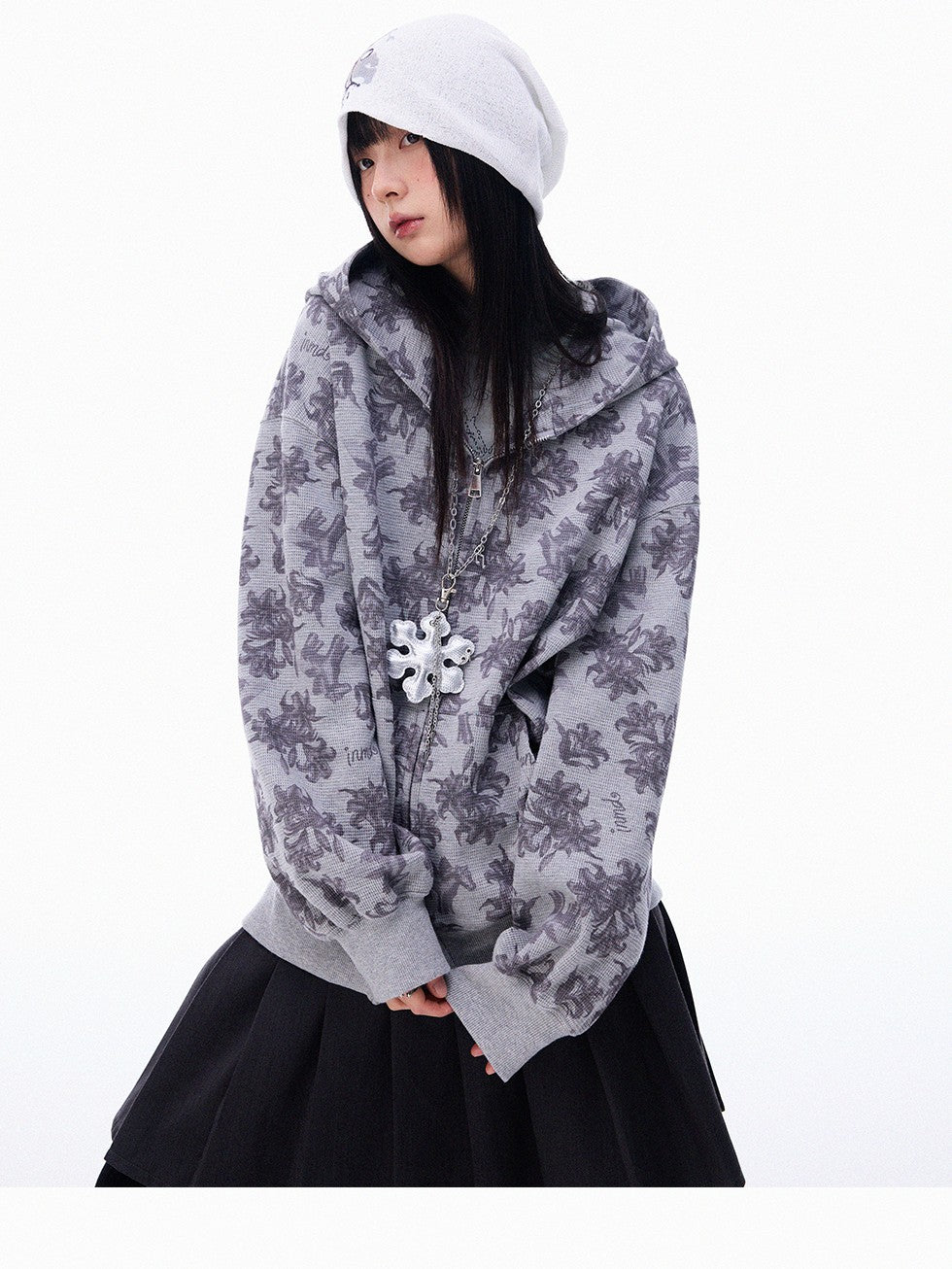 innomoood Grey Allover Floral Waffle Zip Front Loose Women&