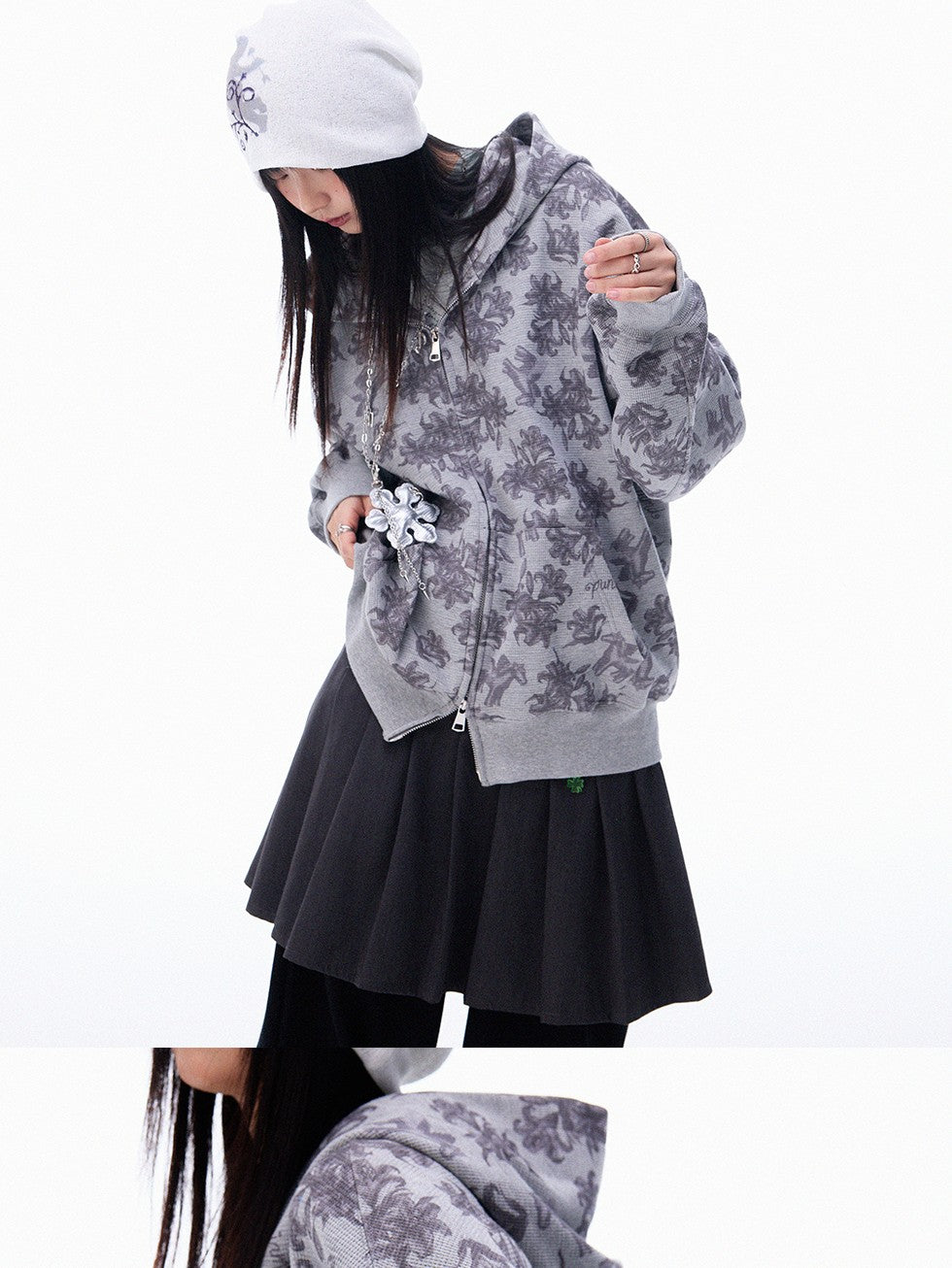innomoood Grey Allover Floral Waffle Zip Front Loose Women&
