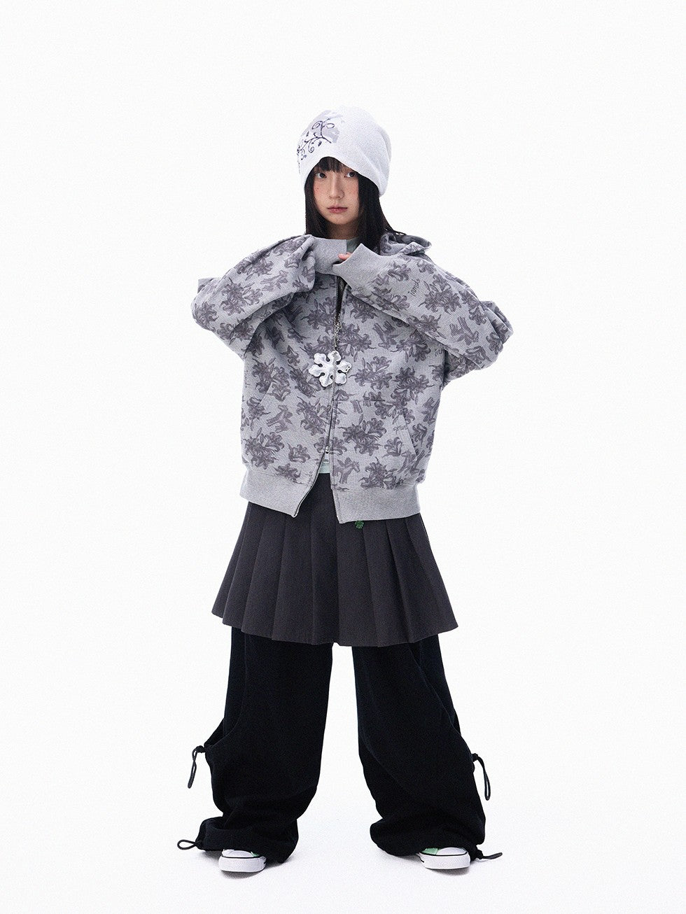 innomoood Grey Allover Floral Waffle Zip Front Loose Women&