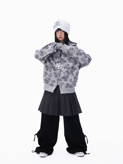innomoood Grey Allover Floral Waffle Zip Front Loose Women&