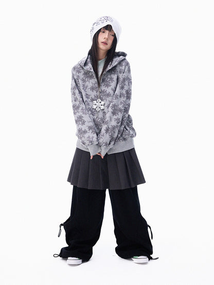innomoood Grey Allover Floral Waffle Zip Front Loose Women&
