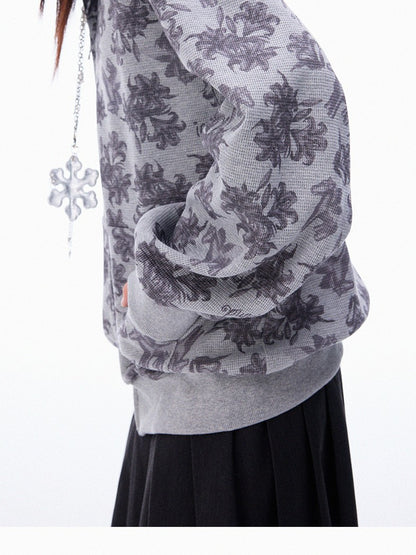 innomoood Grey Allover Floral Waffle Zip Front Loose Women&