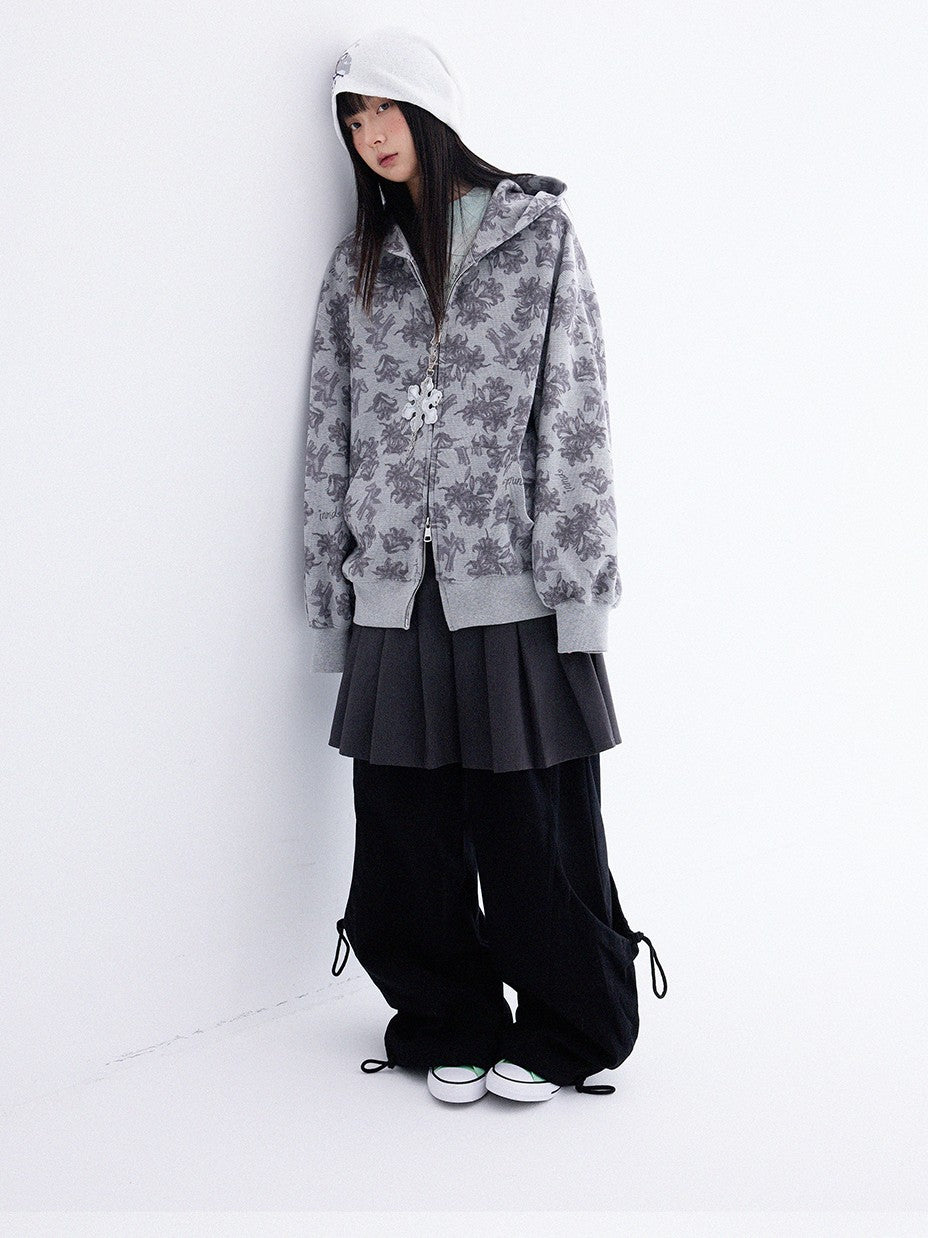 innomoood Grey Allover Floral Waffle Zip Front Loose Women&