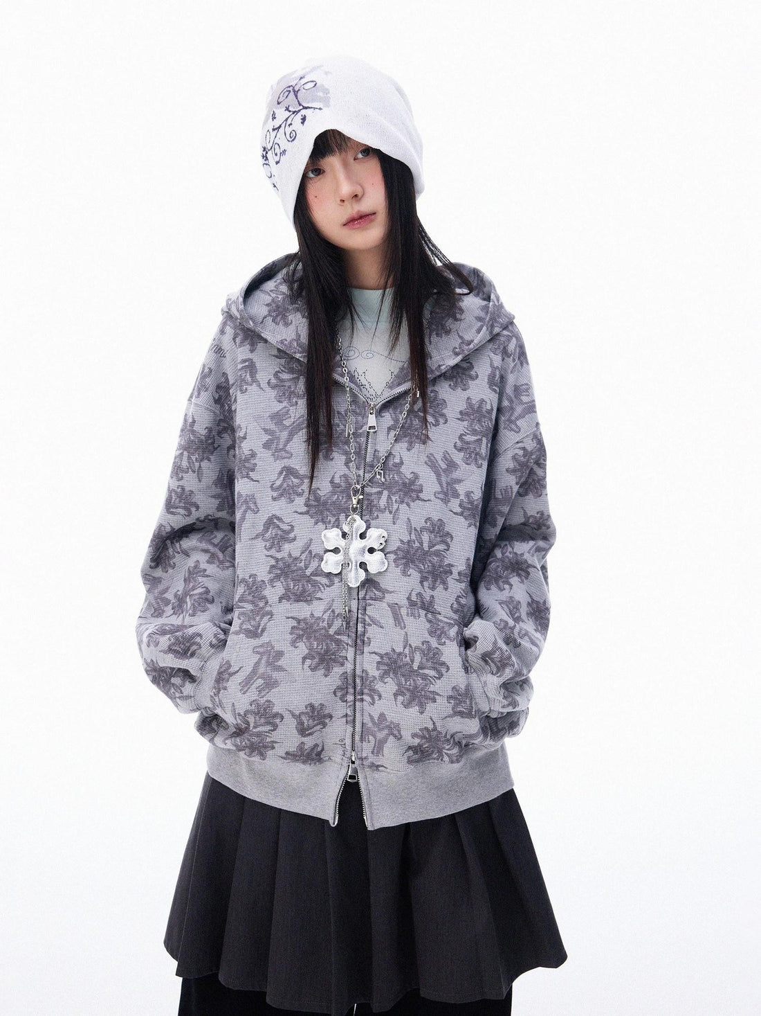 innomoood Grey Allover Floral Waffle Zip Front Loose Women&