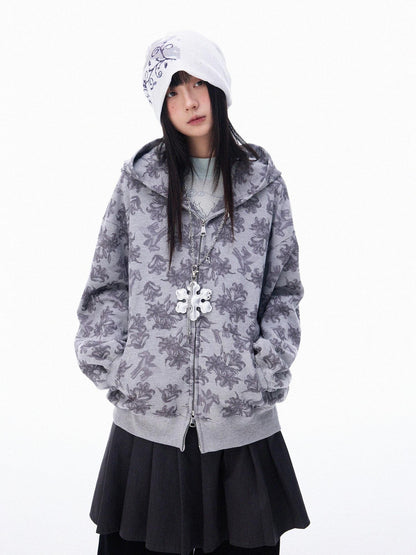 innomoood Grey Allover Floral Waffle Zip Front Loose Women&
