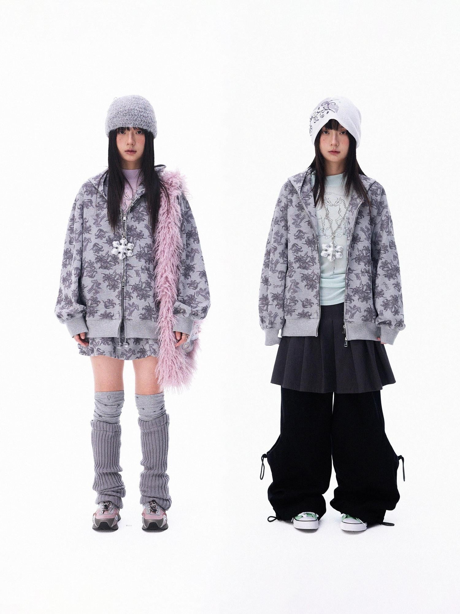 innomoood Grey Allover Floral Waffle Zip Front Loose Women&