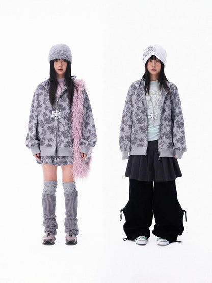 innomoood Grey Allover Floral Waffle Zip Front Loose Women&