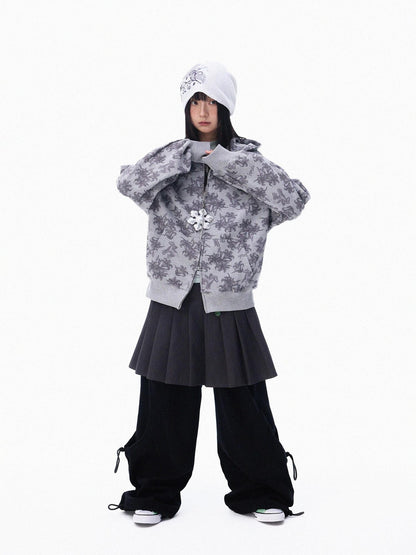 innomoood Grey Allover Floral Waffle Zip Front Loose Women&