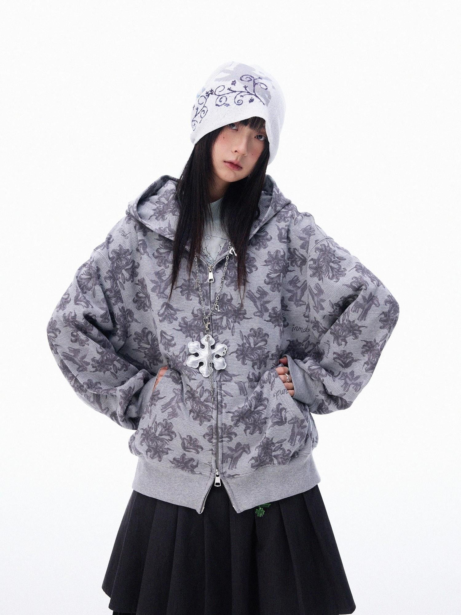 innomoood Grey Allover Floral Waffle Zip Front Loose Women&