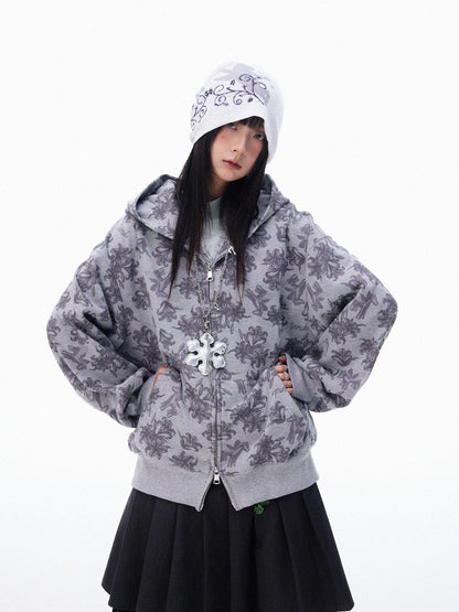 innomoood Grey Allover Floral Waffle Zip Front Loose Women&
