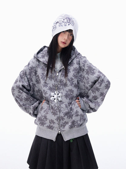 innomoood Grey Allover Floral Waffle Zip Front Loose Women&