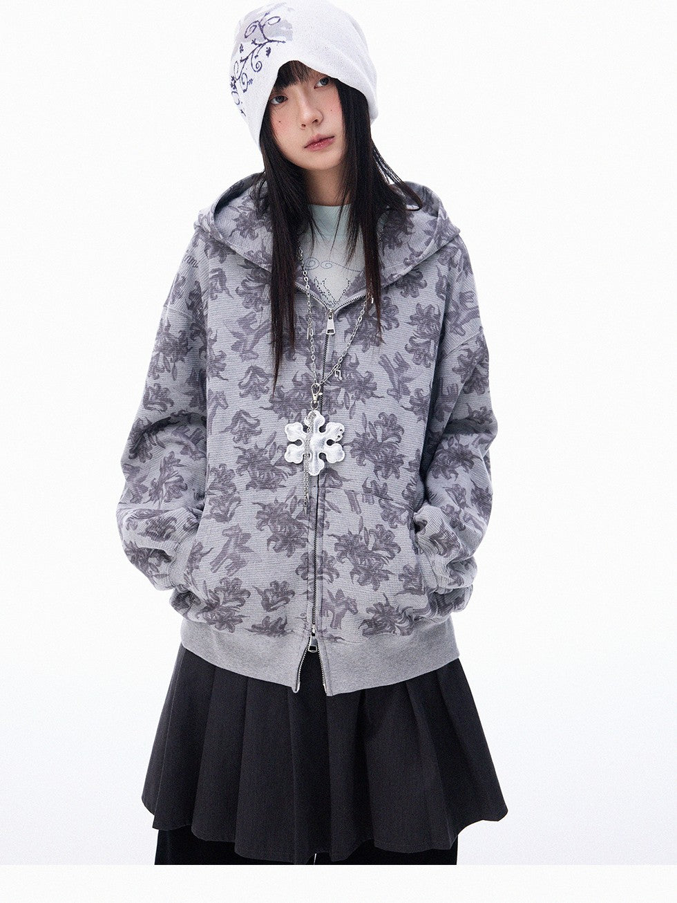 innomoood Grey Allover Floral Waffle Zip Front Loose Women&
