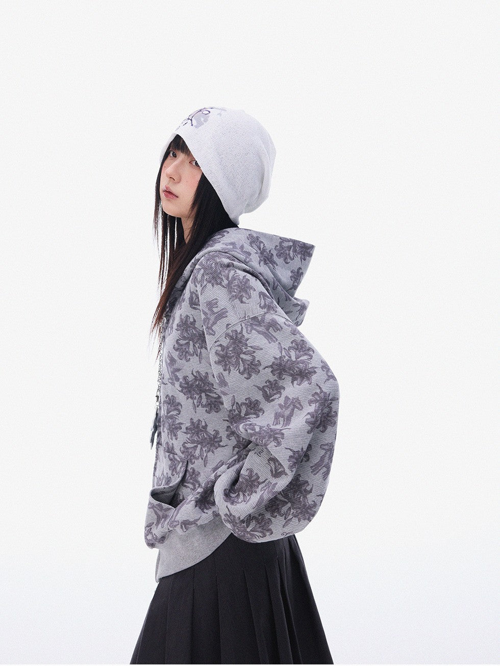 innomoood Grey Allover Floral Waffle Zip Front Loose Women&