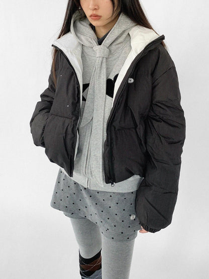 innomoood Hand Drawn Chalk Style Contrast Trim Stand Collar Short Down Jacket
