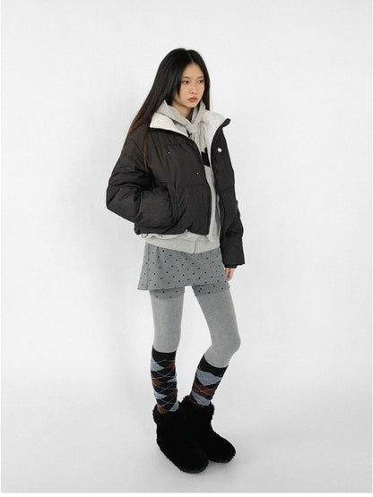 innomoood Hand Drawn Chalk Style Contrast Trim Stand Collar Short Down Jacket