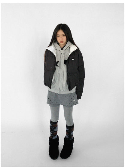 innomoood Hand Drawn Chalk Style Contrast Trim Stand Collar Short Down Jacket