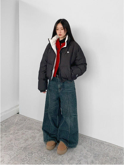 innomoood Hand Drawn Chalk Style Contrast Trim Stand Collar Short Down Jacket
