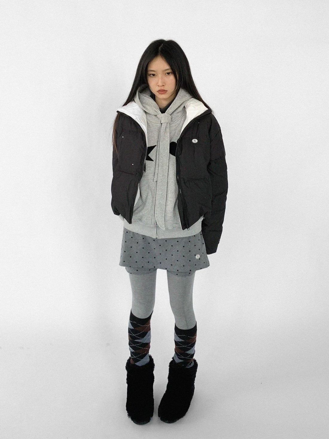 innomoood Hand Drawn Chalk Style Contrast Trim Stand Collar Short Down Jacket