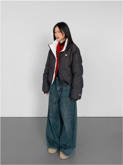 innomoood Hand Drawn Chalk Style Contrast Trim Stand Collar Short Down Jacket