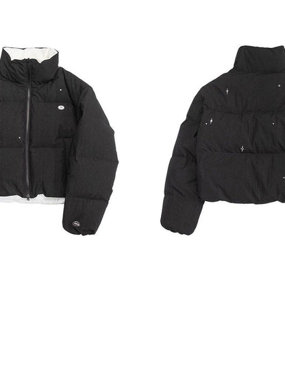 innomoood Hand Drawn Chalk Style Contrast Trim Stand Collar Short Down Jacket