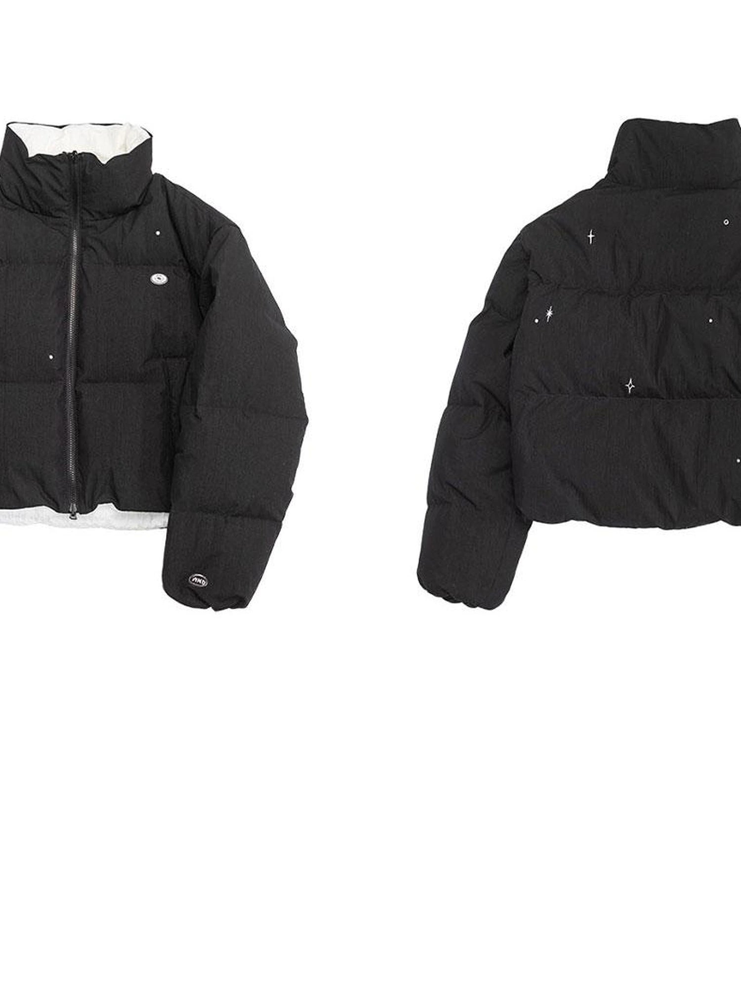 Hand Drawn Chalk Style Contrast Trim Stand Collar Short Down Jacket