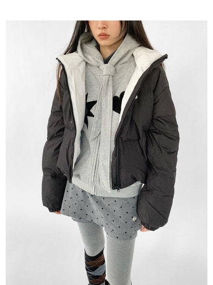 innomoood Hand Drawn Chalk Style Contrast Trim Stand Collar Short Down Jacket