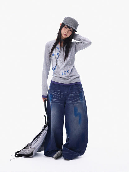 innomoood Heather Grey Distressed Print V-neck Spliced Women&