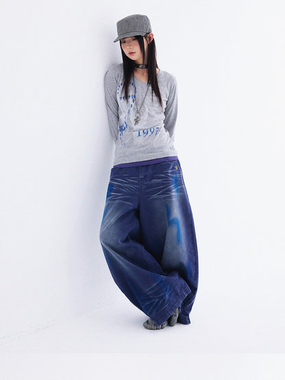 innomoood Heather Grey Distressed Print V-neck Spliced Women&