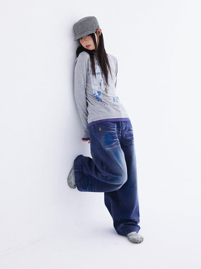 innomoood Heather Grey Distressed Print V-neck Spliced Women&