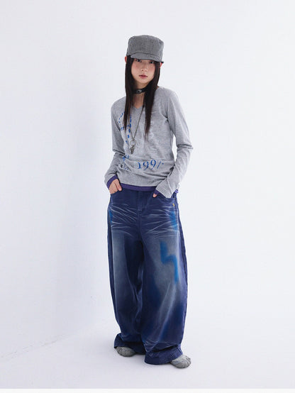 innomoood Heather Grey Distressed Print V-neck Spliced Women&