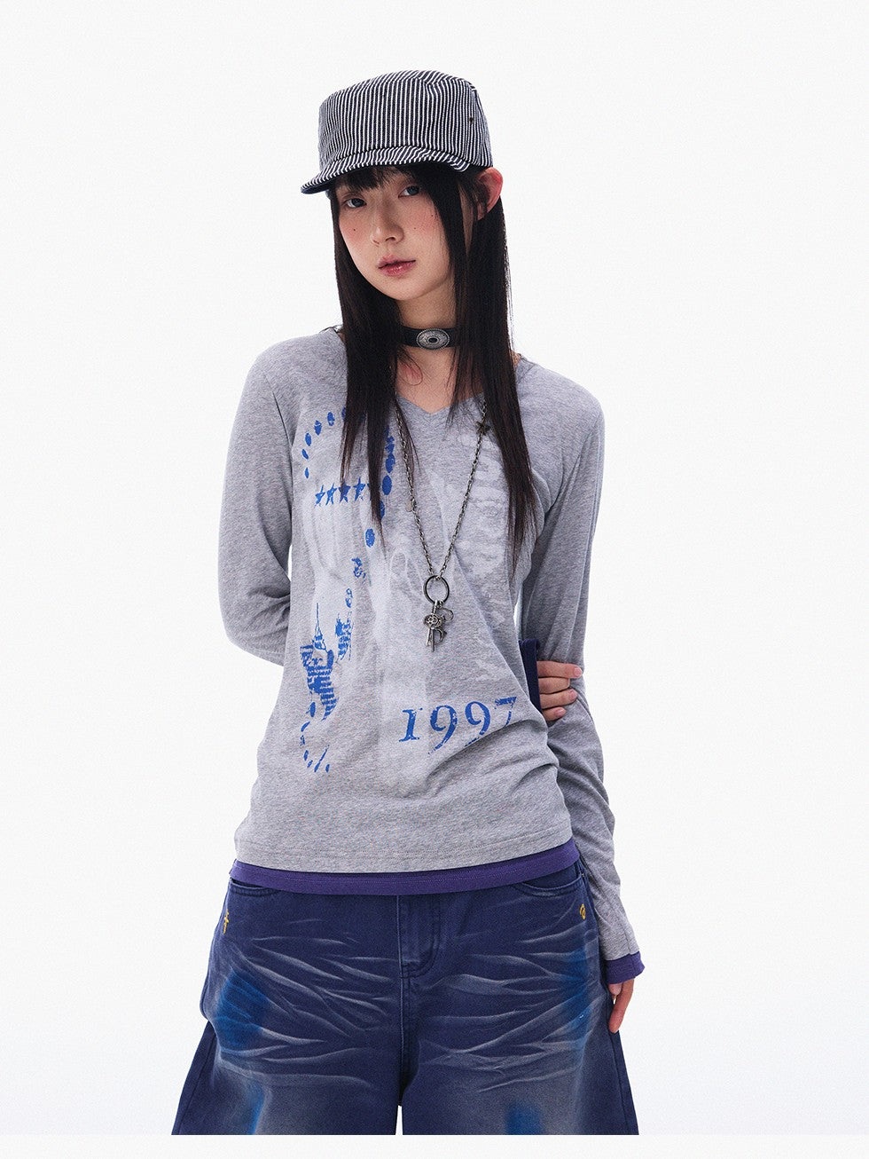 innomoood Heather Grey Distressed Print V-neck Spliced Women&