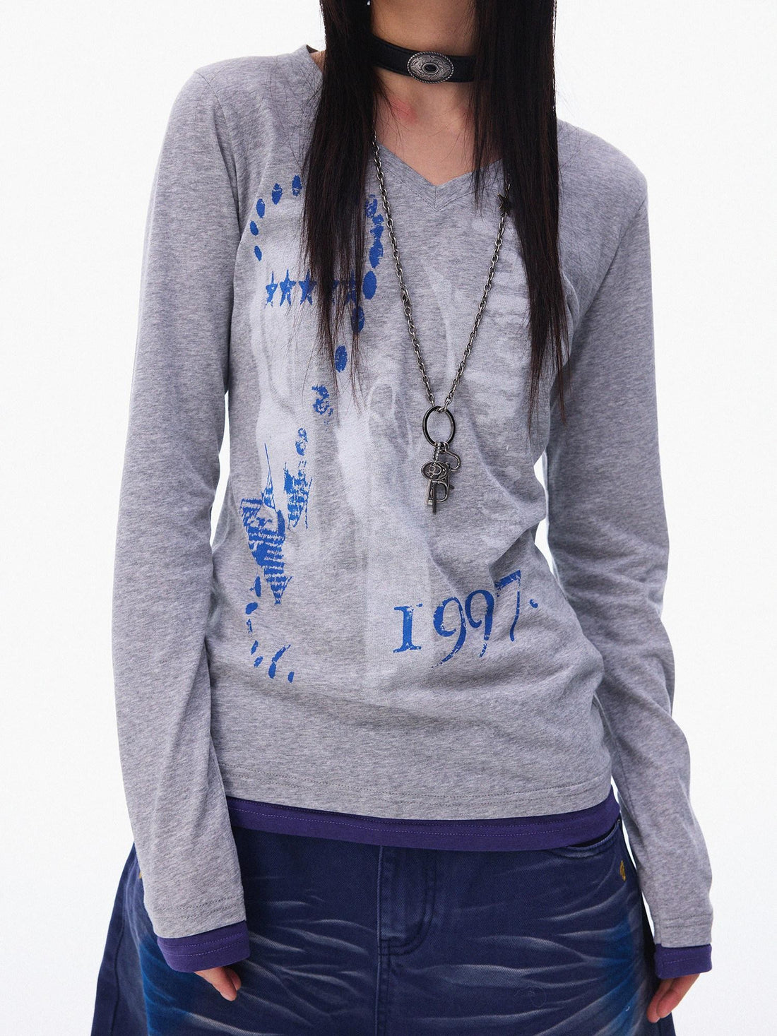 innomoood Heather Grey Distressed Print V-neck Spliced Women&