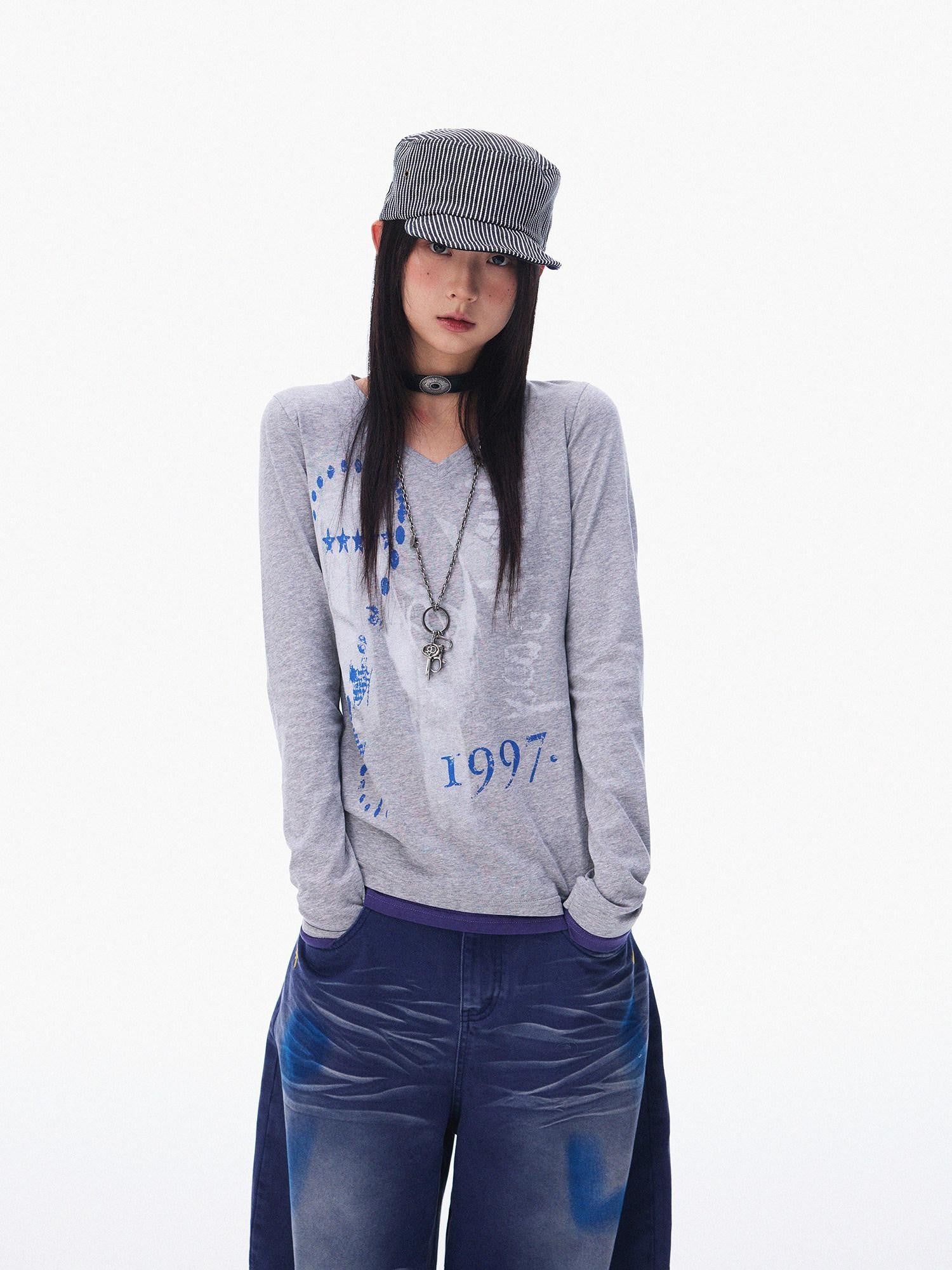 innomoood Heather Grey Distressed Print V-neck Spliced Women&