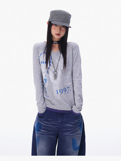 innomoood Heather Grey Distressed Print V-neck Spliced Women&